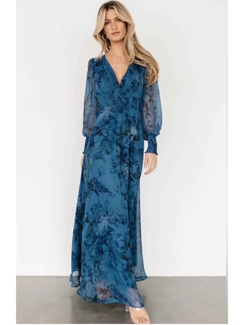 Baltic Born Olivia Floral Maxi Dress Blue Long Sleeve Women’s Size XL
